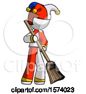Poster, Art Print Of White Jester Joker Man Sweeping Area With Broom