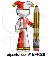 Poster, Art Print Of White Jester Joker Man With Large Pencil Standing Ready To Write