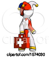 Poster, Art Print Of White Jester Joker Man Walking With Medical Aid Briefcase To Right