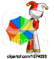 Poster, Art Print Of White Jester Joker Man Holding Rainbow Umbrella Out To Viewer