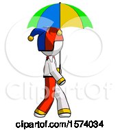 Poster, Art Print Of White Jester Joker Man Walking With Colored Umbrella
