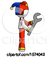 Poster, Art Print Of White Jester Joker Man Using Wrench Adjusting Something To Right