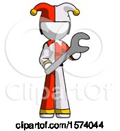 White Jester Joker Man Holding Large Wrench With Both Hands