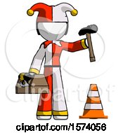 White Jester Joker Man Under Construction Concept Traffic Cone And Tools