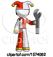 Poster, Art Print Of White Jester Joker Man Holding Wrench Ready To Repair Or Work