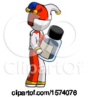 White Jester Joker Man Holding Glass Medicine Bottle