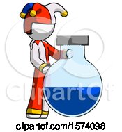 Poster, Art Print Of White Jester Joker Man Standing Beside Large Round Flask Or Beaker