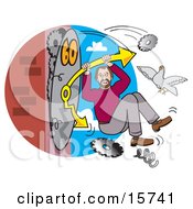 Man Hanging Onto The Arm Of A Breaking Clock Trying To Speed Up Time Clipart Illustration by Andy Nortnik