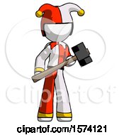 Poster, Art Print Of White Jester Joker Man With Sledgehammer Standing Ready To Work Or Defend