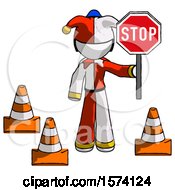 Poster, Art Print Of White Jester Joker Man Holding Stop Sign By Traffic Cones Under Construction Concept