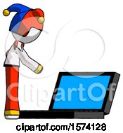 Poster, Art Print Of White Jester Joker Man Using Large Laptop Computer Side Orthographic View