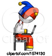 Poster, Art Print Of White Jester Joker Man Using Laptop Computer While Sitting In Chair View From Side