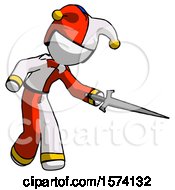 Poster, Art Print Of White Jester Joker Man Sword Pose Stabbing Or Jabbing