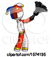 Poster, Art Print Of White Jester Joker Man Dusting With Feather Duster Upwards