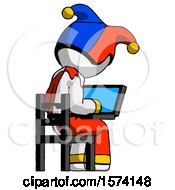 Poster, Art Print Of White Jester Joker Man Using Laptop Computer While Sitting In Chair View From Back
