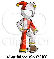 White Jester Joker Man Standing With Foot On Football