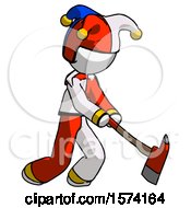 White Jester Joker Man Striking With A Red Firefighters Ax
