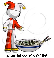 Poster, Art Print Of White Jester Joker Man And Noodle Bowl Giant Soup Restaraunt Concept