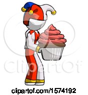 Poster, Art Print Of White Jester Joker Man Holding Large Cupcake Ready To Eat Or Serve