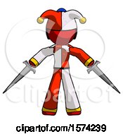 Red Jester Joker Man Two Sword Defense Pose