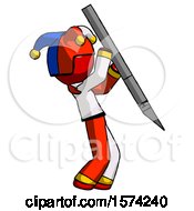 Poster, Art Print Of Red Jester Joker Man Stabbing Or Cutting With Scalpel
