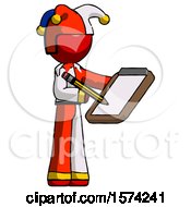 Red Jester Joker Man Using Clipboard And Pencil