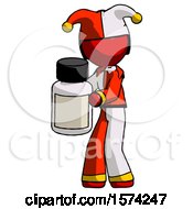 Red Jester Joker Man Holding White Medicine Bottle