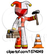 Poster, Art Print Of Red Jester Joker Man Under Construction Concept Traffic Cone And Tools