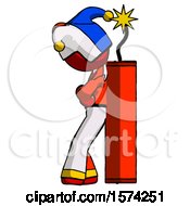 Poster, Art Print Of Red Jester Joker Man Leaning Against Dynimate Large Stick Ready To Blow