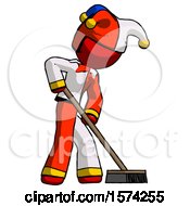 Red Jester Joker Man Cleaning Services Janitor Sweeping Side View