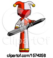 Red Jester Joker Man Posing Confidently With Giant Pen