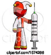Red Jester Joker Man Holding Large Syringe