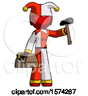 Poster, Art Print Of Red Jester Joker Man Holding Tools And Toolchest Ready To Work