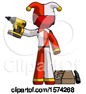 Poster, Art Print Of Red Jester Joker Man Holding Drill Ready To Work Toolchest And Tools To Right