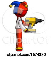 Poster, Art Print Of Red Jester Joker Man Using Drill Drilling Something On Right Side
