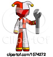 Poster, Art Print Of Red Jester Joker Man Holding Wrench Ready To Repair Or Work