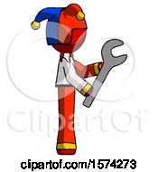 Poster, Art Print Of Red Jester Joker Man Using Wrench Adjusting Something To Right