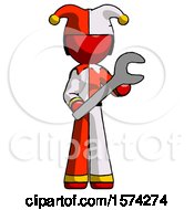 Red Jester Joker Man Holding Large Wrench With Both Hands