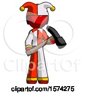 Poster, Art Print Of Red Jester Joker Man Holding Hammer Ready To Work