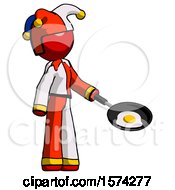 Red Jester Joker Man Frying Egg In Pan Or Wok Facing Right