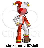 Poster, Art Print Of Red Jester Joker Man Standing With Foot On Football