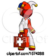 Poster, Art Print Of Red Jester Joker Man Walking With Medical Aid Briefcase To Right
