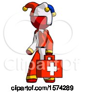 Poster, Art Print Of Red Jester Joker Man Walking With Medical Aid Briefcase To Left