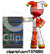 Poster, Art Print Of Red Jester Joker Man With Server Rack Leaning Confidently Against It