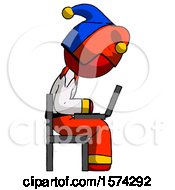 Poster, Art Print Of Red Jester Joker Man Using Laptop Computer While Sitting In Chair View From Side