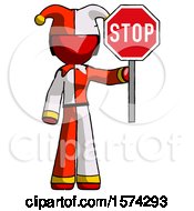 Poster, Art Print Of Red Jester Joker Man Holding Stop Sign