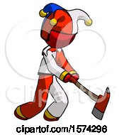 Red Jester Joker Man Striking With A Red Firefighters Ax