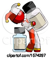Red Jester Joker Man Holding Large White Medicine Bottle With Bottle In Background