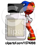 Poster, Art Print Of Red Jester Joker Man Leaning Against Large Medicine Bottle