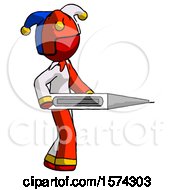 Poster, Art Print Of Red Jester Joker Man Walking With Large Thermometer